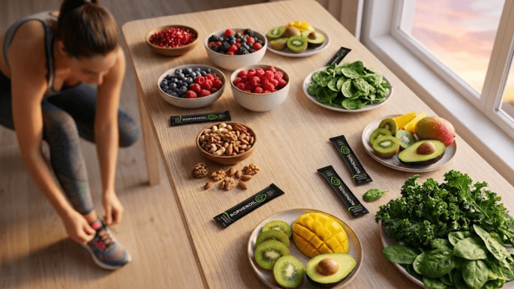 mesa con productos y alimentos saludables que combaten la inflamacion cronica y el estres oxidativo