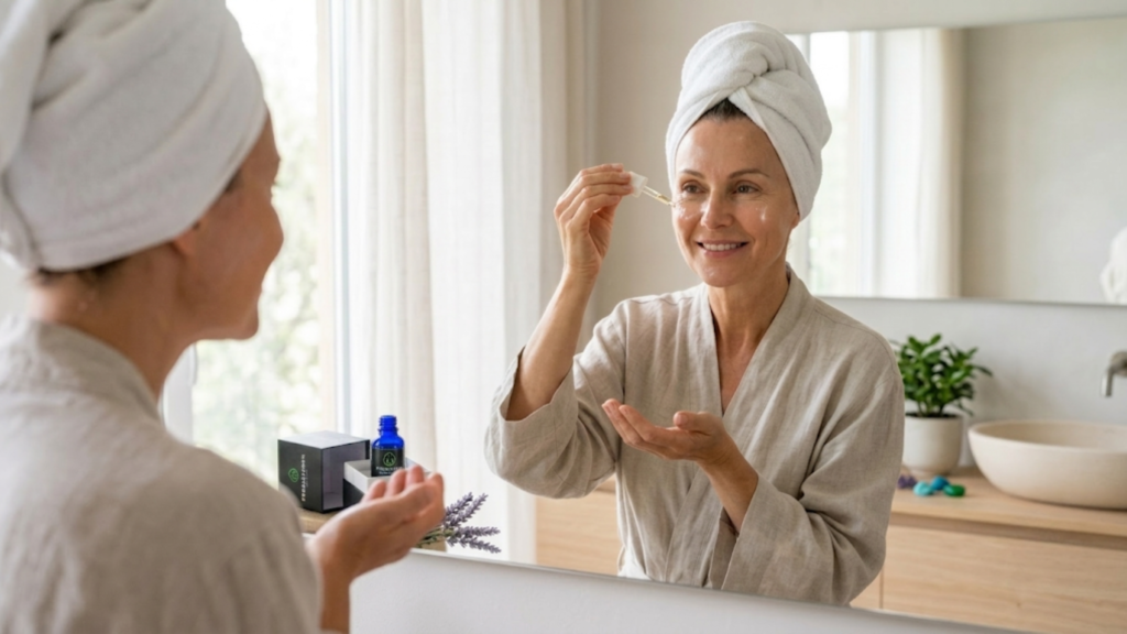 mujer aplicando rutina de belleza de cosmetica natural